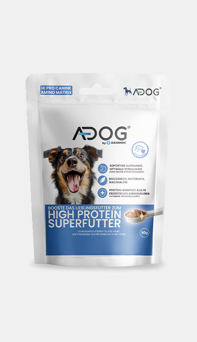 A-DOG® Hundenahrungsergänzungsmittel-Packung, die hochwertige Inhaltsstoffe zur Unterstützung der Gesundheit und Vitalität von Hunden präsentiert.