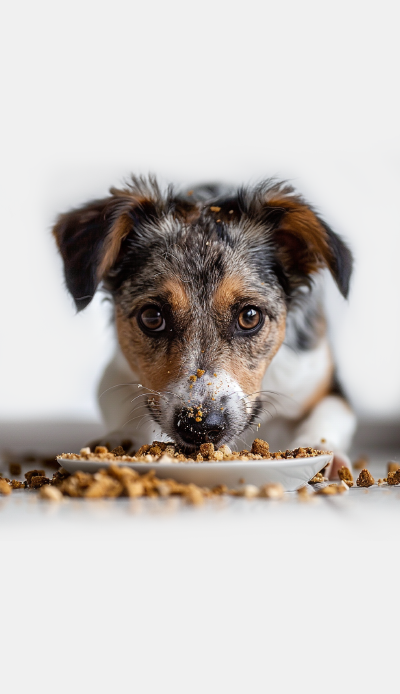 Glücklicher Hund genießt sein Hundefutter, das mit A-DOG® Hundenahrungsergänzungsmittel angereichert ist, für mehr Vitalität und Gesundheit.