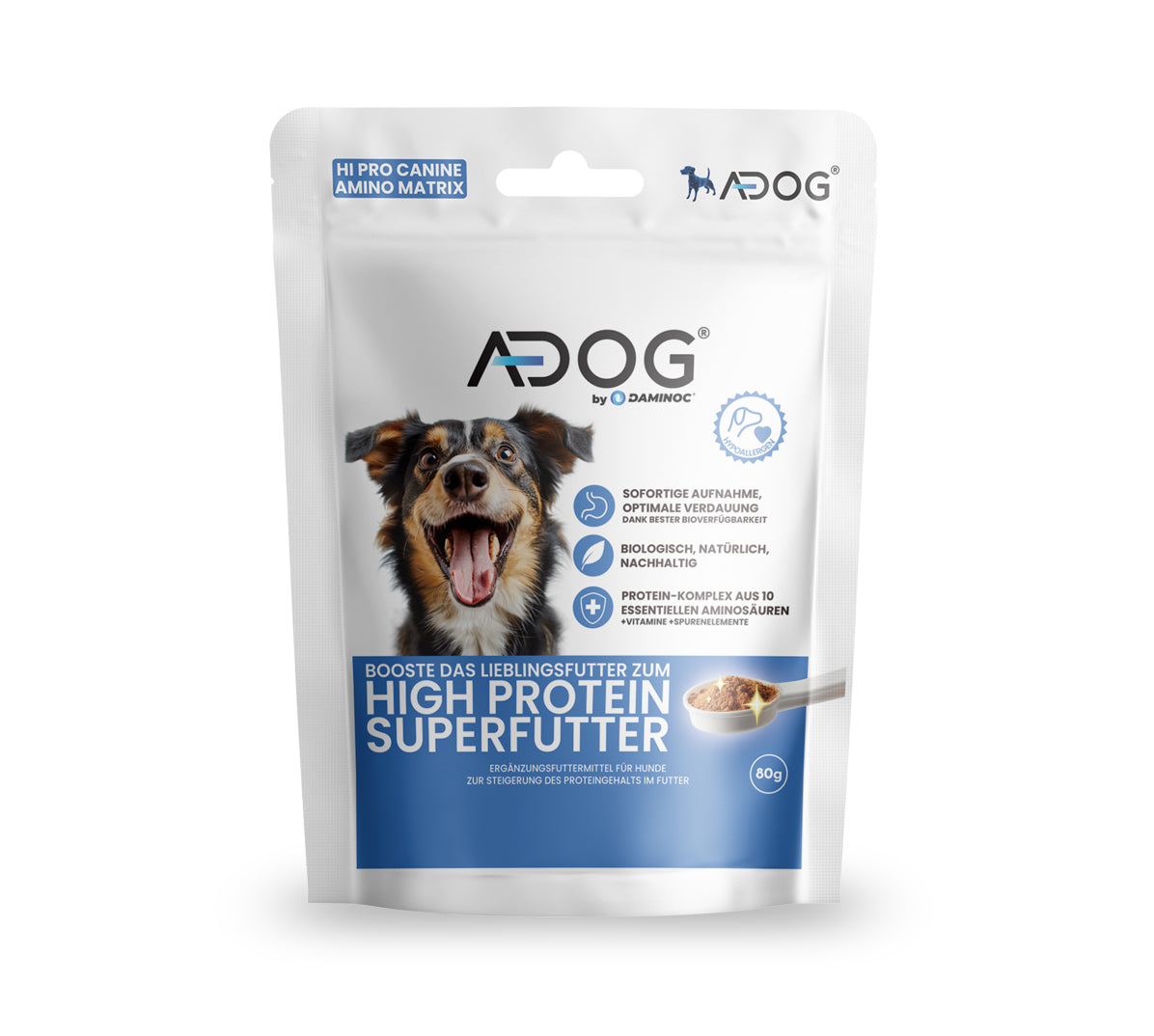 Bild zeigt die Vorderseite der A-DOG® Verpackung, die die gesunde Hundeernährung und die positiven Effekte auf das Wohlbefinden von Hunden betont.