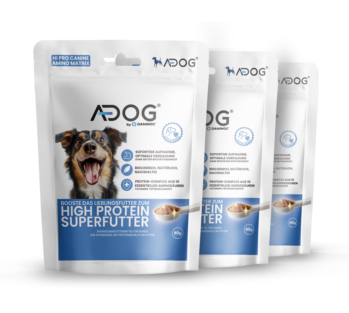 Bild zeigt die Vorderseite der A-DOG® Verpackung, die die gesunde Hundeernährung und die positiven Effekte auf das Wohlbefinden von Hunden betont.