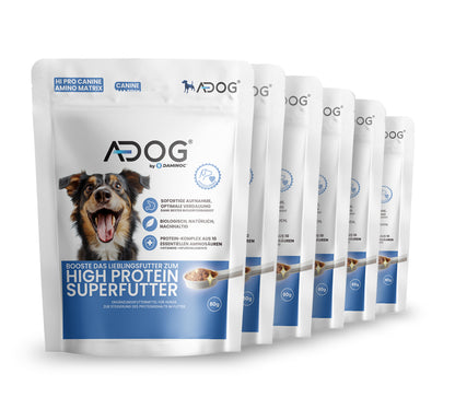 Bild zeigt die Vorderseite der A-DOG® Verpackung, die die gesunde Hundeernährung und die positiven Effekte auf das Wohlbefinden von Hunden betont.