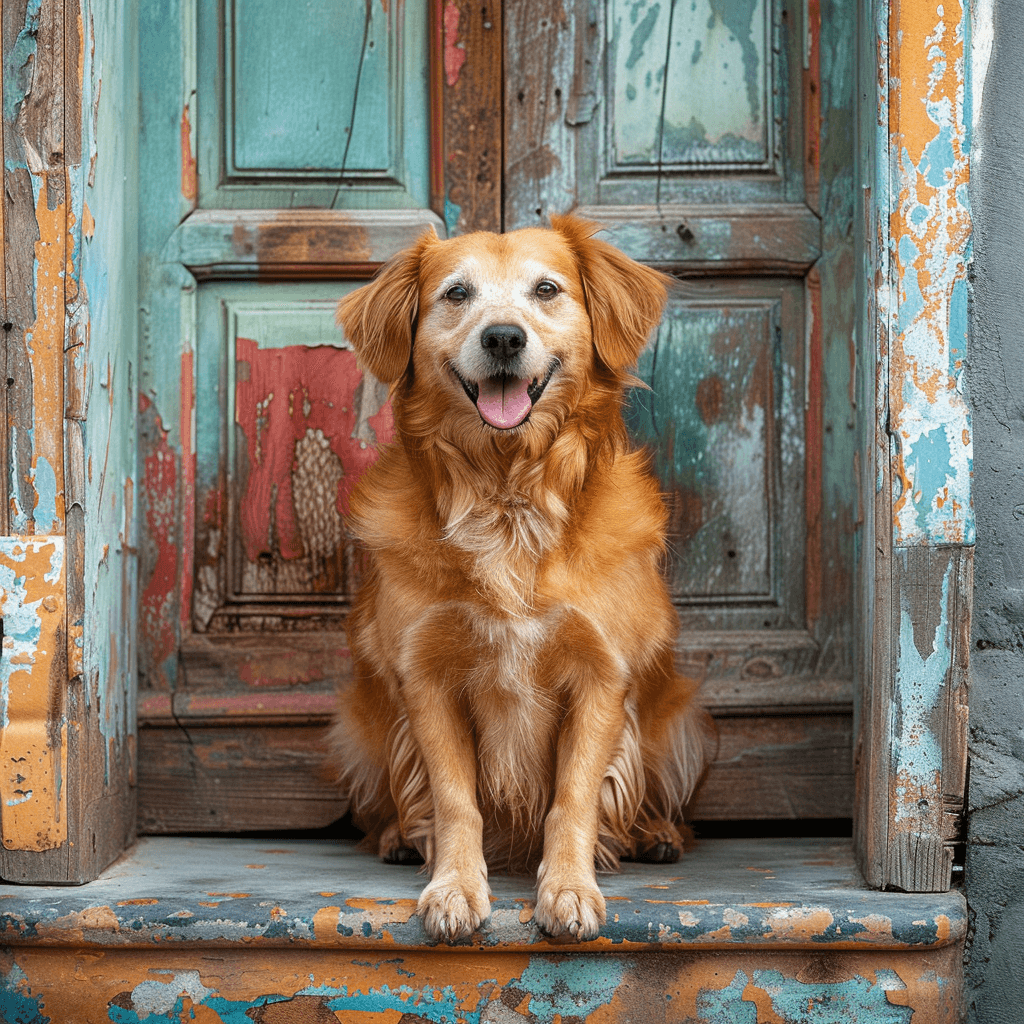 Ein neugieriger Hund sitzt vor einer Tür und schaut erwartungsvoll nach draußen.