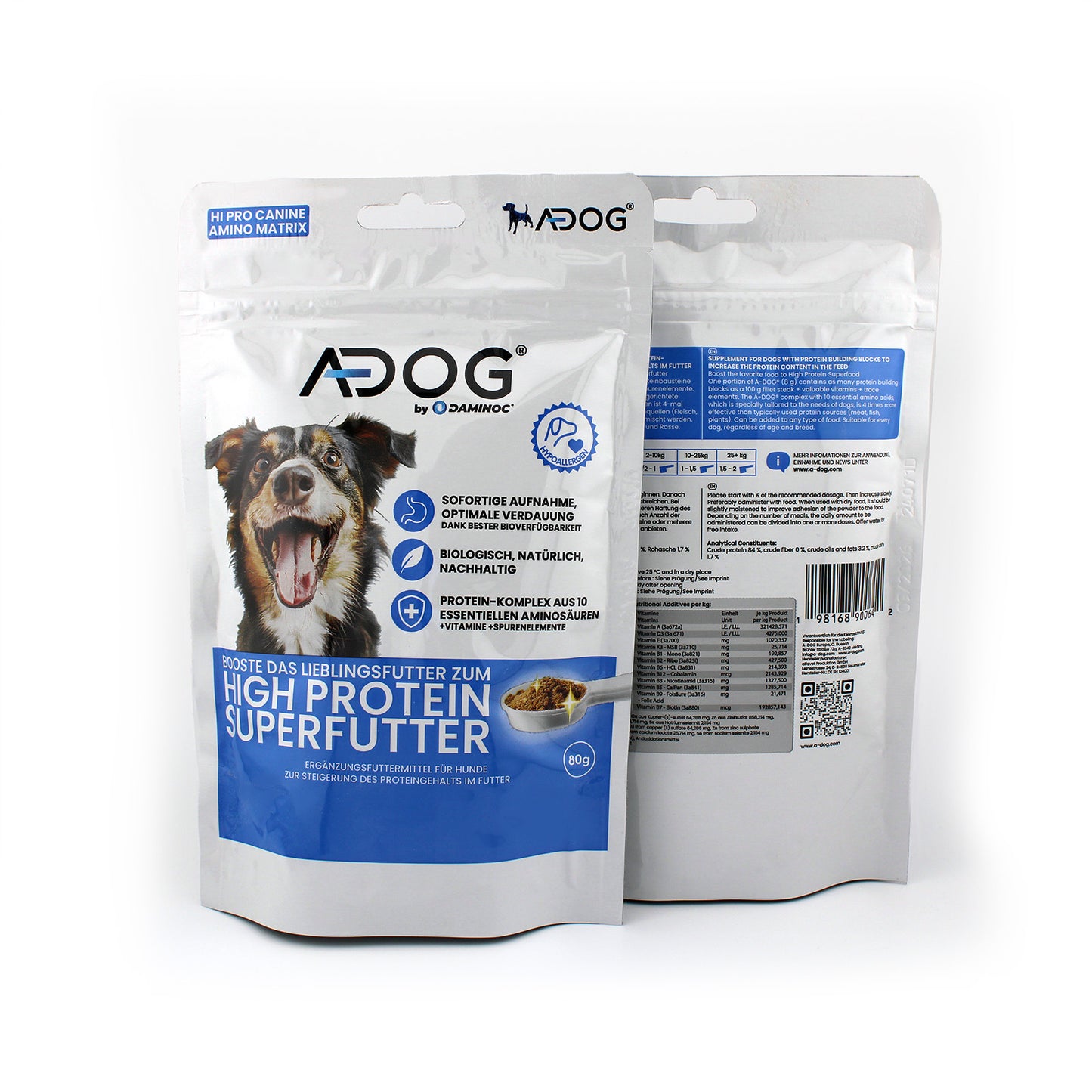 Vorder- und Rückseite der A-DOG® Hundenahrungsergänzungsmittel-Packung, die hochwertige Inhaltsstoffe und deren Vorteile für die Gesundheit von Hunden detailliert beschreibt.